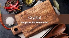  Presentation with cooking utensils - Colorful presentation design enhanced with cutting board - cooking ingredients and utensils backdrop and a tawny brown colored foreground