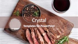  Presentation with beef steak bbq strip steak - Presentation theme featuring cutting board and red wine background and a tawny brown colored foreground