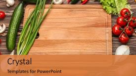  Presentation with cutting board - Slide deck consisting of cutting board and vegetables background and a gold colored foreground