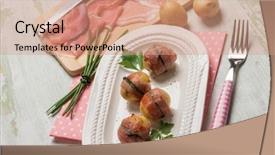  Presentation with bacon - Amazing PPT theme having cutting board bacon rolled up with potatoes a fork food still life backdrop and a coral colored foreground