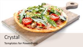  Presentation with pizza - Theme with cutting board isolated on white background and a coral colored foreground