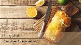  Presentation with citrus - PPT theme consisting of cutting board with delicious citrus cake and sliced fruits on wooden table background and a coral colored foreground