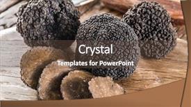  Presentation with old wooden table food - PPT theme with cutting expenses - black truffles on the old background and a tawny brown colored foreground