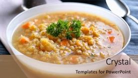  Presentation with table napkin - PPT layouts enhanced with cutting expenses - plate with tasty lentil dish background and a coral colored foreground