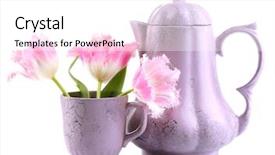  Presentation with tea cup - Beautiful slide set featuring cutting flowers - cup of tea with teapot backdrop and a white colored foreground