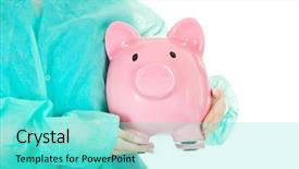  Presentation with piggy bank - PPT layouts having cutting healthcare costs - female doctor with pink piggy background and a cyan colored foreground