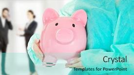  Presentation with mature masked female surgeon - Amazing slide set having cutting healthcare costs - female surgeon doctor with piggy backdrop and a  colored foreground