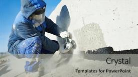  Presentation with welder worker welding and cutting - Colorful slides enhanced with cutting metal parts at construction backdrop and a light gray colored foreground