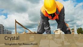  Presentation with builder - Theme featuring cutting metal parts at construction background and a coral colored foreground