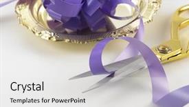  Presentation with cutting ceremony - Slides having cutting purple ribbon -open ceremony background and a  colored foreground