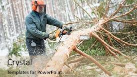  Presentation with snow tree - Slide deck with lumberjack cutting tree in snow background and a coral colored foreground