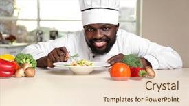  Presentation with cooking chef - Slide deck consisting of cutting vegetables - african american chef cooking tasty background and a  colored foreground