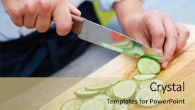  Presentation with cucumbers - Beautiful slides featuring cutting vegetables - close-up of male hands slicing backdrop and a lemonade colored foreground