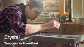  Presentation with welder worker welding and cutting - Colorful slide set enhanced with cutting wooden board with circular backdrop and a dark gray colored foreground
