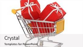  Presentation with supermarket shopping cart buying food - Beautiful PPT theme featuring cutting yellow ribbon - shopping cart with presents isolated backdrop and a light gray colored foreground