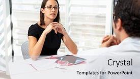  Presentation with minority candidate for job position - Presentation enhanced with cv resume - businesswoman interviewing male candidate background and a light gray colored foreground