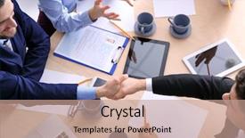  Presentation with business partner people joining hand - Audience pleasing slides consisting of cv resume - people shaking hands on business backdrop and a coral colored foreground