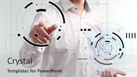  Presentation with virtual hand - Amazing slide deck having technical global - businessman hand working with virtual backdrop and a light gray colored foreground