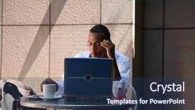  Presentation with laptop wireless - Amazing slides having cyber cafe - business man works from his backdrop and a ocean colored foreground