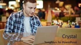  Presentation with young - Cool new PPT theme with cyber cafe - enthusiastic young manager in casualwear backdrop and a  colored foreground