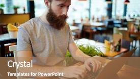  Presentation with accounting financial bank banking account - Presentation theme featuring cyber cafe - handsome bearded financial manager sitting background and a  colored foreground