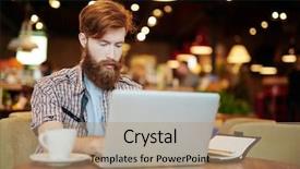  Presentation with trader - Presentation featuring cyber cafe - handsome young trader analyzing financial background and a coral colored foreground