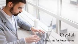  Presentation with financial market - Presentation theme consisting of cyber cafe - young bearded trader analyzing financial background and a light gray colored foreground