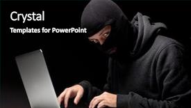  Presentation with computer hacker - PPT layouts enhanced with cyber crime - computer hacker in a balaclava background and a black colored foreground
