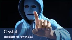  Presentation with hacker - Audience pleasing slide set consisting of cyber crime - hacker pushing button on virtual backdrop and a ocean colored foreground