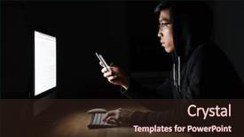  Presentation with hacker - PPT theme featuring cyber crime - serious young hacker using laptop background and a wine colored foreground