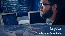  Presentation with server room - Colorful PPT theme enhanced with cyber crime - young man hacking server backdrop and a ocean colored foreground