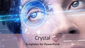  Presentation with iris - Slide deck featuring cyber man with technolgy eye background and a coral colored foreground