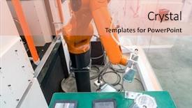  Presentation with factory machine - Colorful PPT theme enhanced with cyber physical - robotic hand machine tool backdrop and a coral colored foreground