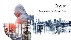  Presentation with information - Slide set featuring cyber risks - hacker man steal information background and a white colored foreground