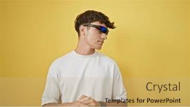  Presentation with futuristic glasses - PPT theme featuring cyber-savvy-young-hispanic-teen and a coral colored foreground