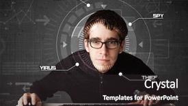  Presentation with hacking - Cool new slide deck with cyber security - young hacker in futuristic enviroment backdrop and a dark gray colored foreground