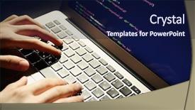  Presentation with hacker - Beautiful theme featuring cyber security fraud - hacker using laptop closeup backdrop and a navy blue colored foreground