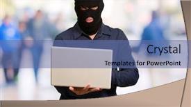  Presentation with laptop - Audience pleasing presentation theme consisting of cyber security fraud - young male thief holding laptop backdrop and a  colored foreground