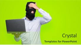  Presentation with computer hacker - Colorful presentation design enhanced with cyber sickness - business hacker man holding backdrop and a gold colored foreground