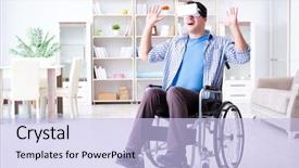 Presentation with virtual reality - PPT theme enhanced with cyber sickness - disabled man studying with virtual background and a light blue colored foreground