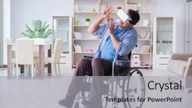  Presentation with virtual reality - Amazing presentation design having cyber sickness - disabled man studying with virtual backdrop and a light gray colored foreground