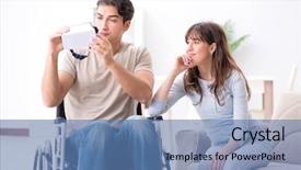  Presentation with cyber - Audience pleasing presentation theme consisting of cyber sickness - disabled man with virtual glasses backdrop and a  colored foreground