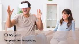  Presentation with cyber - Amazing PPT layouts having cyber sickness - disabled man with virtual glasses backdrop and a  colored foreground