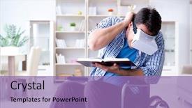  Presentation with virtual reality rehabilitation - Slide set with cyber sickness - disabled student studying with virtual background and a  colored foreground