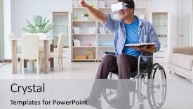  Presentation with virtual reality rehabilitation - Slides enhanced with cyber sickness - disabled student studying with virtual background and a light gray colored foreground