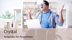  Presentation with virtual reality - PPT theme having cyber sickness - freelance student studying with laptop background and a  colored foreground