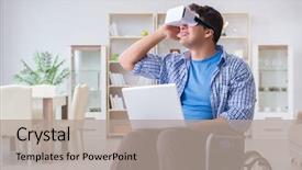  Presentation with virtual reality rehabilitation - Colorful slide set enhanced with cyber sickness - freelance student studying with laptop backdrop and a  colored foreground