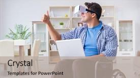  Presentation with artificial intelligence virtual reality - Audience pleasing slide set consisting of cyber sickness - freelance student studying with laptop backdrop and a  colored foreground