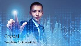  Presentation with coding binary code blue polygonal - Presentation theme enhanced with cyber space - young businessman touching icon background and a light blue colored foreground