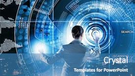  Presentation with media image - Slide deck having cyber technology - image of businesswoman pushing icon background and a teal colored foreground